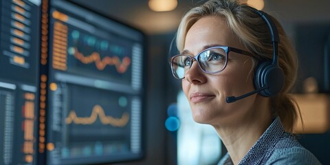 Analyzing Data Trends with a Female Analyst in a Modern Office Environment Focused Technology Interaction