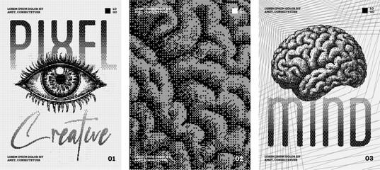 Striking, monochromatic style with a focus on creativity and the mind, using pixelated and stippled effects to depict an eye, abstract patterns, and a brain
