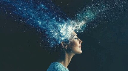 Woman with abstract cosmic energy radiating from her head.