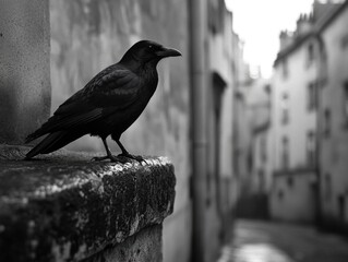A black raven perched on a brick wall in an urban alley, with wet ground indicating recent rain.