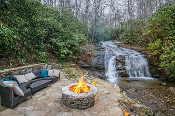 firepit and waterfall