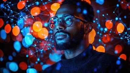 Thoughtful man, abstract network