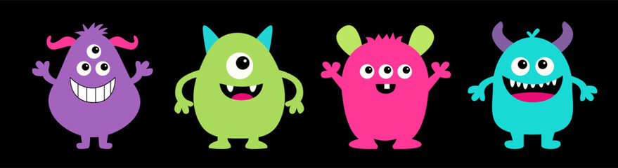 Happy Halloween. Monster set line. Cute cartoon funny character. Colorful silhouette monsters. Kawaii face with teeth, horns eyes hands. Childish baby collection. Flat design. Black background. Vector