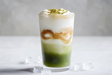 Layered green tea drink with creamy topping