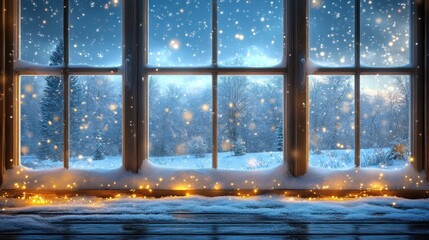 Naklejka premium Snowy winter window scene, nighttime snowfall, forest view, fairy lights, holiday card