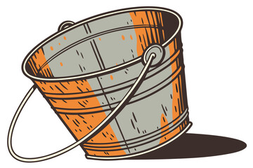 11 Rustic metal bucket, galvanized steel, weathered texture, orange rust patina, industrial design, cylindrical shape, wire handle, vintage farm equipment, isolated on white background, high contrast,