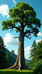 Naklejka premium Tall tree with gnarled trunk and branches stretching towards the sky, branch, forest, green
