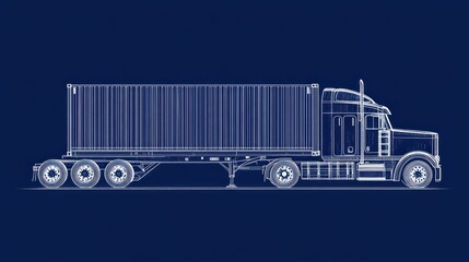 A blue blueprint illustration showing a large semi truck and container
