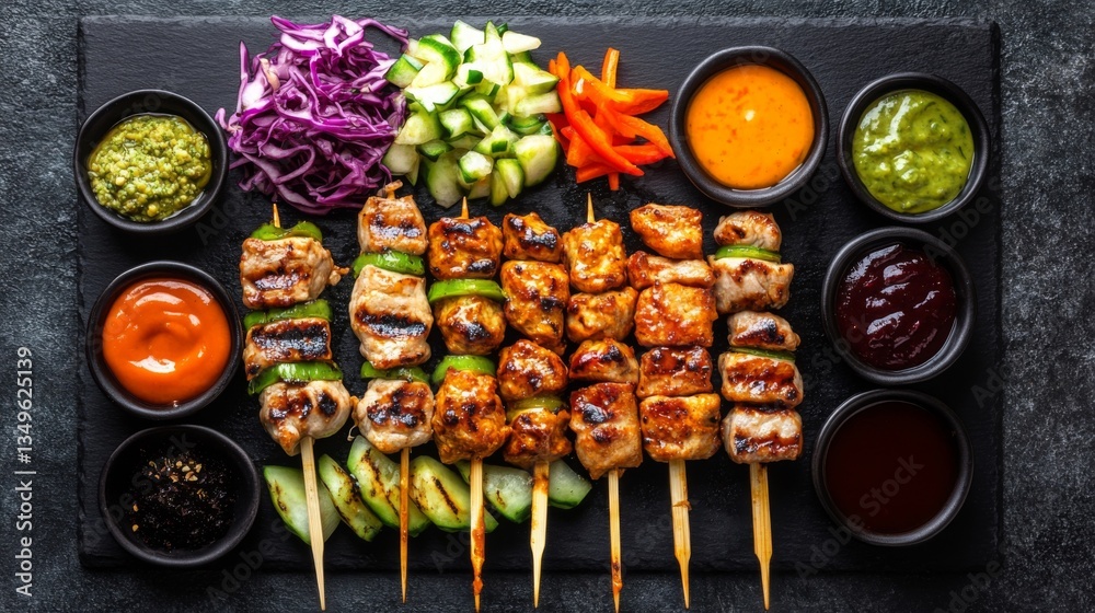 Poster a top-down view of yakitori skewers served on a black slate plate, accompanied by colorful dipping s
