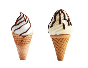 Delicious chocolate covered ice cream cones against transparent background. Two ice cream cones with rich, dark chocolate syrup