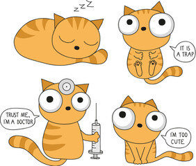 Set of cute cartoon cats with big eyes and funny quotes for sticker or t-shirt design.