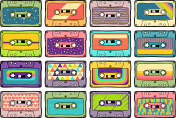 Collection of colorful retro casette tapes with different patterns. Can be used as seamless pattern.