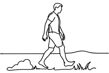 Man walking barefoot on grass in a minimalist style  