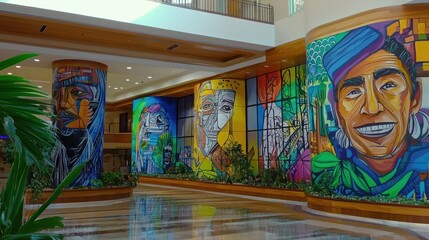 Obraz premium Colorful murals adorn a modern hotel lobby, showcasing vibrant artwork and intricate details.