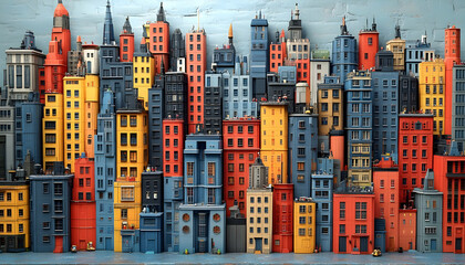 Obraz premium Vibrant cityscape miniature, densely packed colorful buildings, architectural model