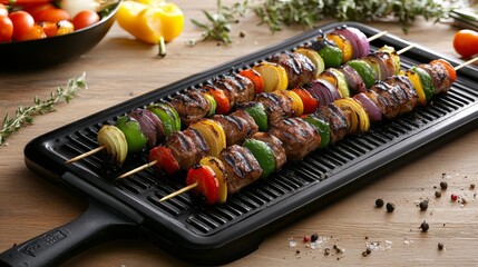 A vibrant platter of freshly grilled skewered meat and vegetables, garnished with herbs and served on a rustic wooden table for a cozy barbecue atmosphere.