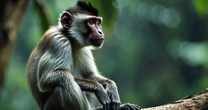 A Roloway Monkey perched on a tree in the rainforest.