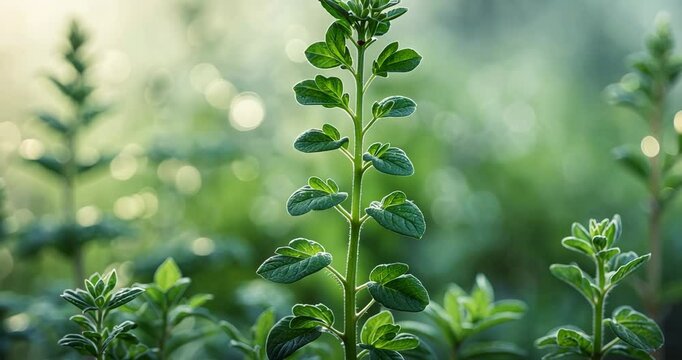 Beautiful images of oregano leaves in the morning illuminated by sunlight.