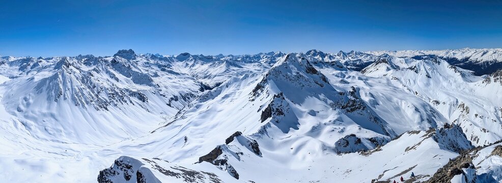 Skitour on Piz Dukan, Hoch Ducan above Sertig Davos. Beautiful winter mountain landscape in Graub&uuml;nden. Skimo, Ski mountaineering in the Davos Klosters Mountains. Ducantal. High quality photo.