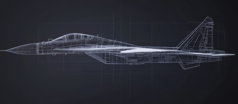 A white line blueprint outlines the structure of a jet airplane