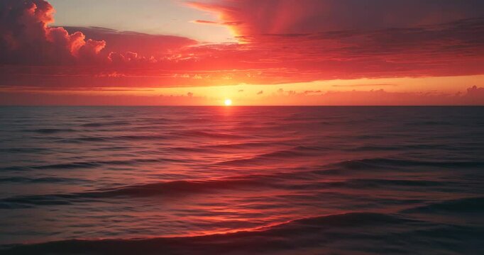 Stunning Sunrise Or Sunset. Sun On The Horizon Creates A Red And Yellow Sky. Fiery Sky And Glimmering Golden Waves.