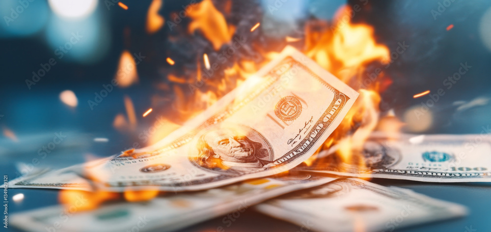 Poster Burning banknotes on a surface represent the risks of financial assets and the importance of trust within a portfolio. The flames highlight the volatility and need for strategic growth.