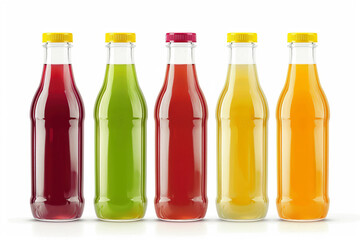 Bottles of juice in various colors, concept: drinks, beverages, juice, refreshment, colorful, isolated, healthy, variety,