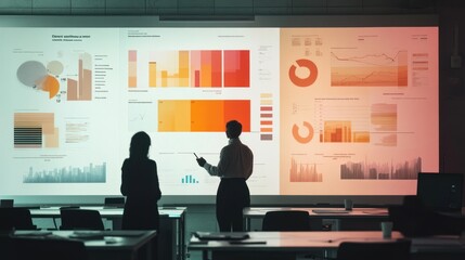 Business presentation, two figures, classroom, large screen with charts