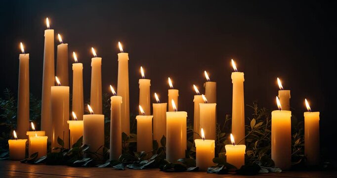 A tranquil arrangement of candles of varying heights emitting a gentle, warm light. The candles are electric. Dim backdrop highlighted by the candles. Idea for memorials or religious events.