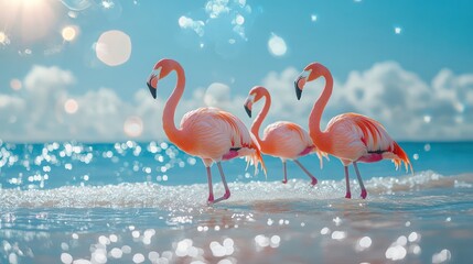Obraz premium Three flamingos wading, ocean beach, sunny day, travel brochure