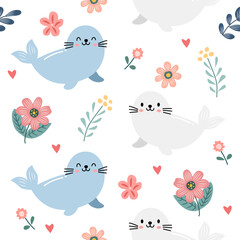Seamless pattern of seal and flowers in a cute vintage style.