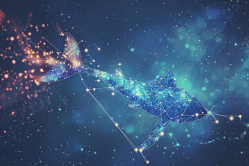 Fototapeta premium Abstract illustration of two fish with constellation lines and stars representing zodiac sign Pisces astrology and cosmic ocean life, concept: fish, pisces, zodiac, astrology, cosmic