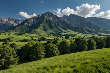 Fototapeta premium Beautiful scenery with a sky blue backdrop and green valley mountains Nature