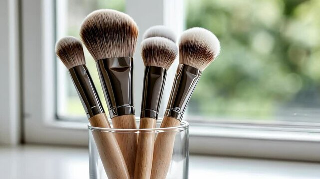 Makeup brushes displayed in a clear glass holder against a window with natural light during daylight hours