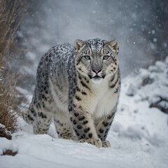 Obraz premium A snow leopard gracefully navigating a treacherous, snow-covered ravine.