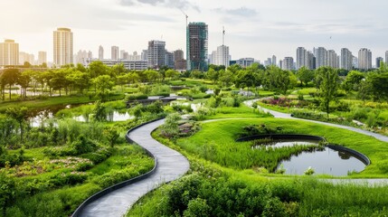 Fototapeta premium SDGs concept. Urban park featuring greenery and water with city skyline backdrop.