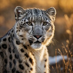 Naklejka premium A snow leopard caught in the golden light of sunset, its fur glowing warmly.