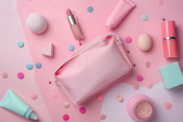 Naklejka premium A pink makeup bag surrounded by pink and pastel cosmetic products, scattered confetti on a light pink background, concept: beauty, cosmetics, pastel,