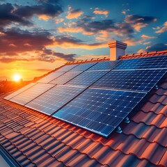 Sunset Solar Panels on Red Tile Roof Eco House