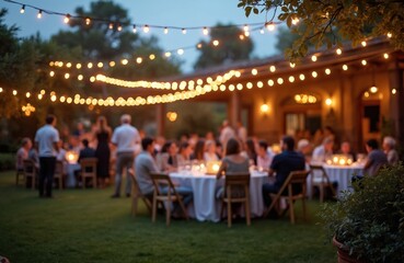Elegant outdoor networking event. String lights illuminate gathering. People socialize, enjoying evening social business function. Celebration, party, relaxed atmosphere.