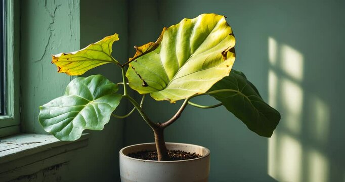 A lovely fiddle leaf fig houseplant stands in a pot near a window for ample, indirect light, yet displays a significant yellowing leaf. Overwatering or insufficient fertilization could be the reason