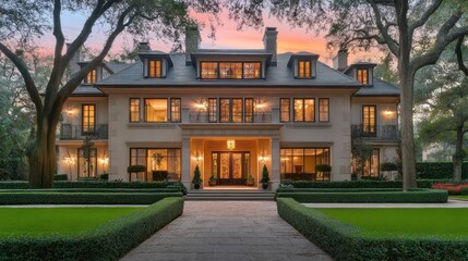 Obraz premium Luxury mansion twilight exterior, landscaped gardens, sunset, real estate