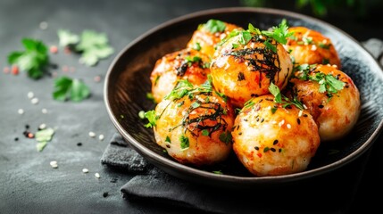 A vibrant presentation of takoyaki in a ceramic dish, garnished with fresh herbs and seaweed flakes, creating an eye-catching and appetizing display.