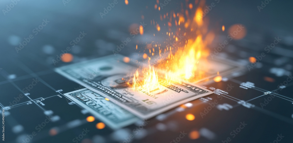 Poster flames engulf currency notes, symbolizing financial instability and the destruction of assets. this 