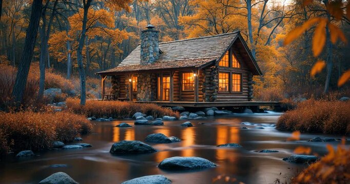 A charming wooden cabin situated in the center of a peaceful forest. Its robust timber walls and shingled roof radiate rustic appeal, while a stone chimney suggests the cozy warmth of a glowing fire