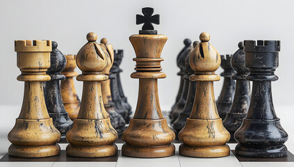 Antique Chess Pieces Strategy, Game, Wooden, King, Queen, Bishops, Rooks, Pawns