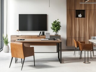 Modern office interior with wooden furniture, large screen TV, and leather chairs.