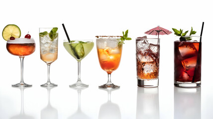Fototapeta premium Variety Of Cocktails In Different Glasses On White Background