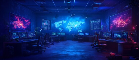 Advanced military command center interior with tactical maps and high-tech equipment for strategic operations