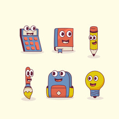calculator book pencil brush backpack idea groovy character